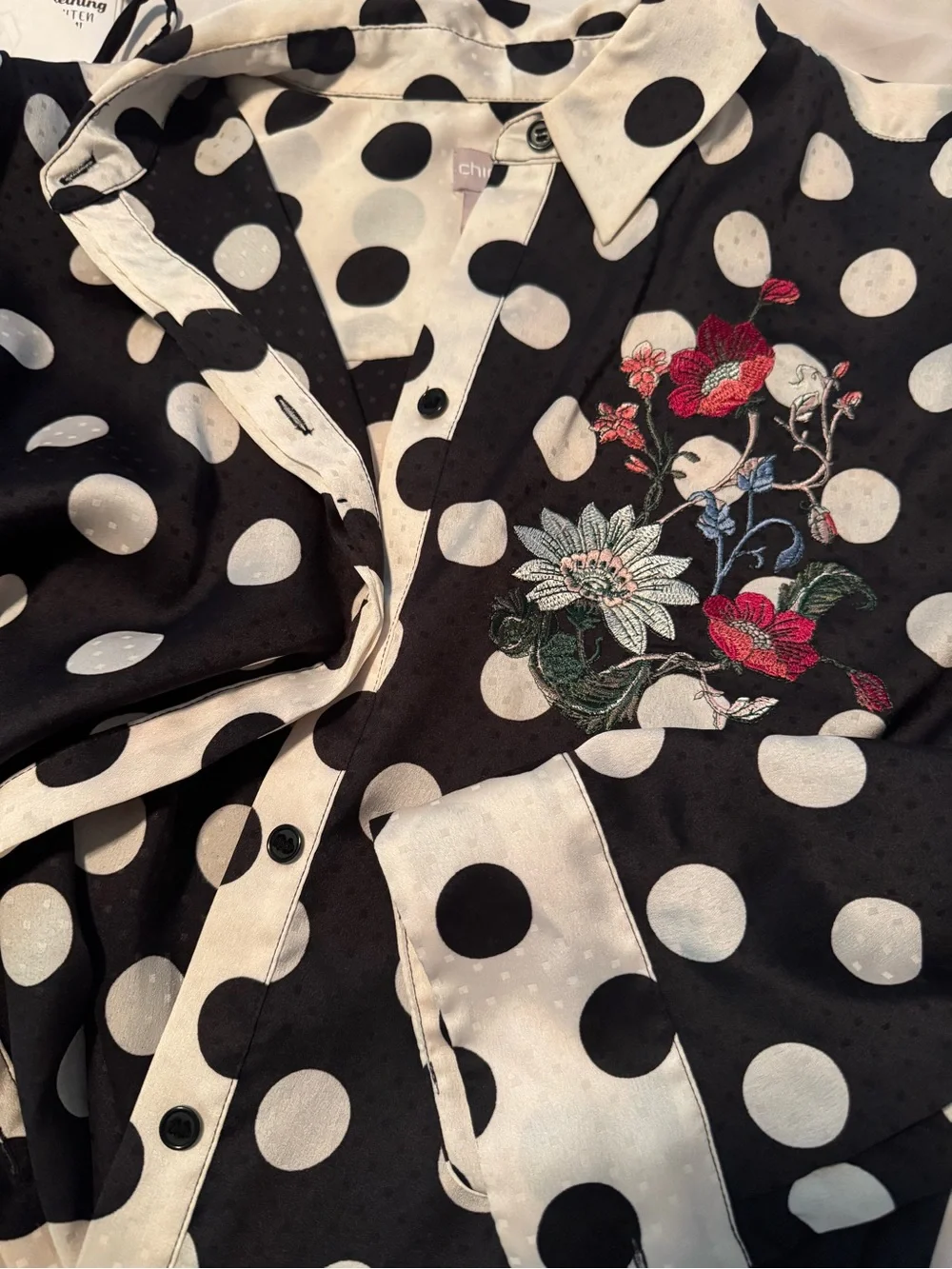 Chico’s Size 1 Black Polka Dot Embroidered Button-Up Blouse Medium